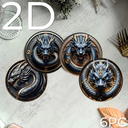 Set of 6 Chinese Dragon Pattern Wooden Coasters