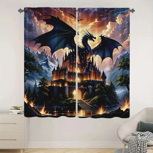 Dragon and Black Castle Printed Curtains – Pole Bag Design for Bedroom & Living Room Decor