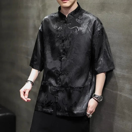 High-Quality Summer Chinese Traditional Dragon Embroidery Shirt – Men’s Ice Silk Half Sleeve Vintage Top | Plus Size Available