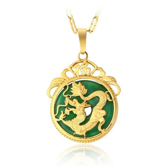 Green Jade Dragon Amulet Necklace