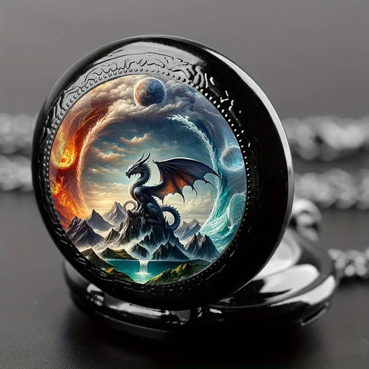 Vintage Multi-Color Dragon Animal Design Necklace Pendant Quartz Pocket Watch – Stylish & Exquisite for Men & Kids
