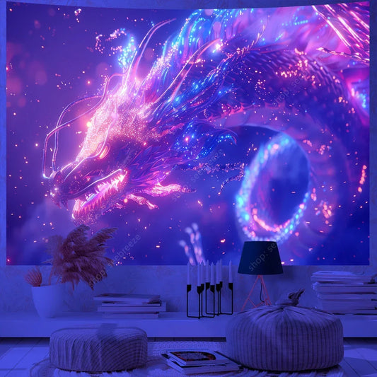 Psychedelic Animal Dragon UV Reactive Tapestry – Hippie Kawaii Wall Hanging & Sofa Blanket Gift