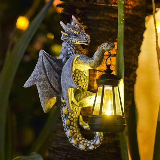Dragon Tree Hugger with Solar Lantern – Weather-Resistant Outdoor Resin Garden Figurine