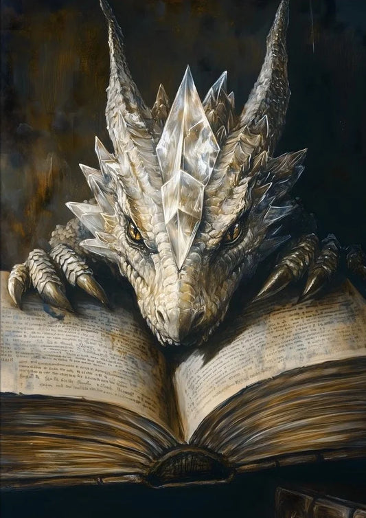 Large Dragon Reading Book Poster – Gothic Fantasy Canvas Wall Art for Dark Academia Decor
