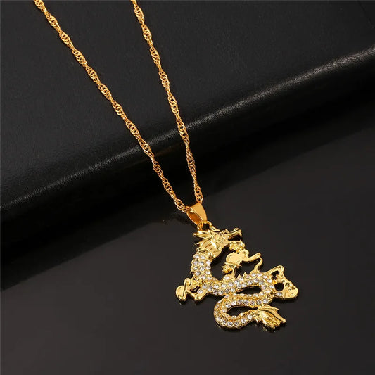 Chinese Style Gold Color Dragon Pendant – Creative Luxury Charm Necklace for Men & Women