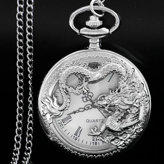 Silver Flying Dragon Quartz Pocket Watch
