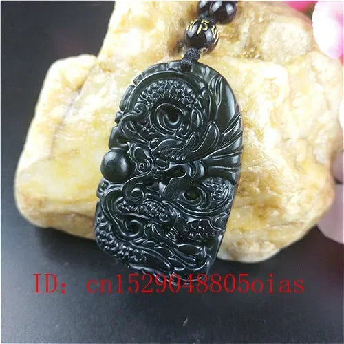 Certified Natural Black Green Jade Dragon Pendant