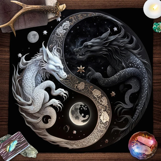 Chinese Dragon Tarot Card Tablecloth Tapestry – Black Moon & Starry Sky Dragons Wicca Altar Cloth