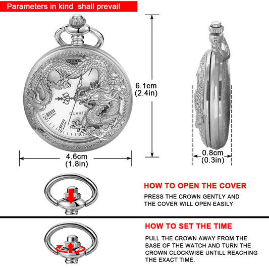 Silver Chinese Characteristic Dragon Shaped Pocket Watch – High-Quality Necklace Pendant for Men & Women