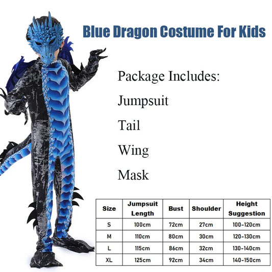 Green & Red Boys Dragon Fire Halloween Costume – Jumpsuit with Wings, Tail & Mask Set (Black & Blue Options)