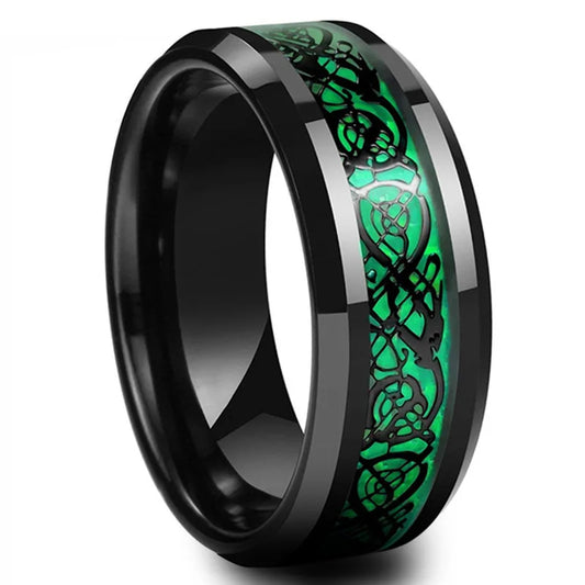 Classic 8mm Black Tungsten Celtic Dragon Ring – Men’s Stainless Steel Wedding Band with Red Carbon Fiber Inlay