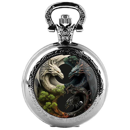 Mysterious Cool Dragon Design Glass Dome Vintage Quartz Pocket Watch