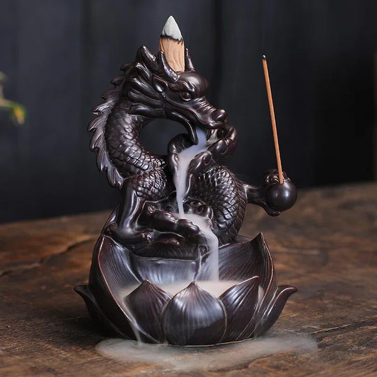 Lotus Dragon Ceramic Backflow Incense Burner – Waterfall Smoke Effect & Stick Holder | Elegant Home Ornament & Censer