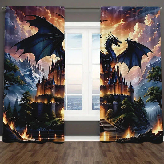 Dragon and Black Castle Printed Curtains – Pole Bag Design for Bedroom & Living Room Decor
