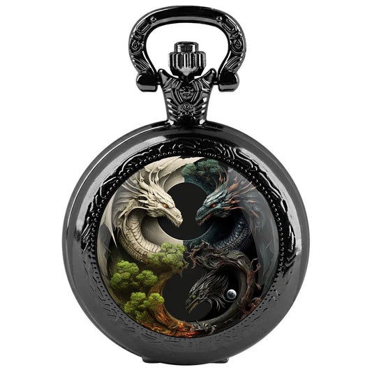 Mysterious Cool Dragon Design Glass Dome Vintage Quartz Pocket Watch