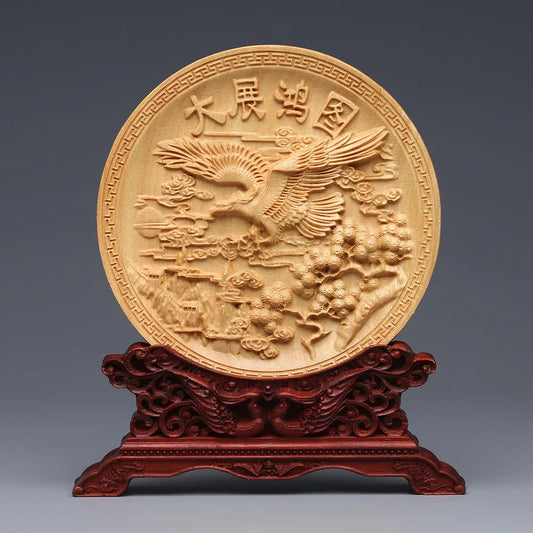 Wood Carving Dragon and Phoenix Round Art Statue – High-Quality Home & Office Decoration Mascot