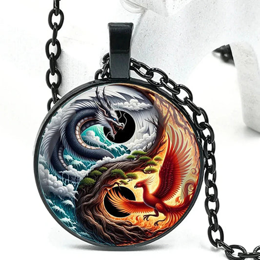 Retro Yang Phoenix and Yin Dragon Glass Dome Pendant Necklace – Handmade Chain Jewelry for Men & Women