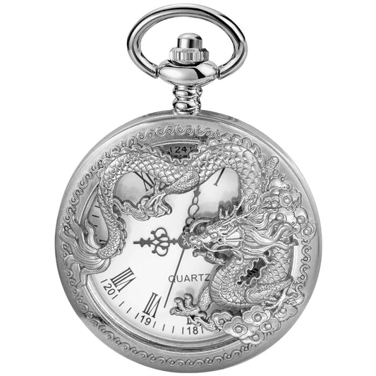 Silver Chinese Characteristic Dragon Shaped Pocket Watch – High-Quality Necklace Pendant for Men & Women