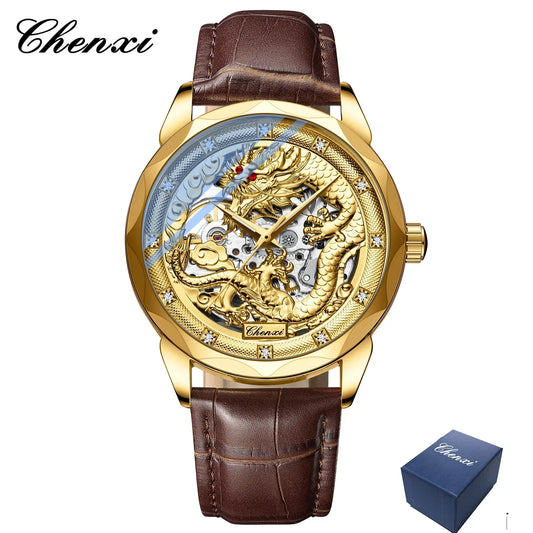 CHENXI 8899 Chinese Nation Culture & Art Watch – 3D Embossed Dragon Pattern Gold Automatic Mechanical Stainless Steel Men’s Watch