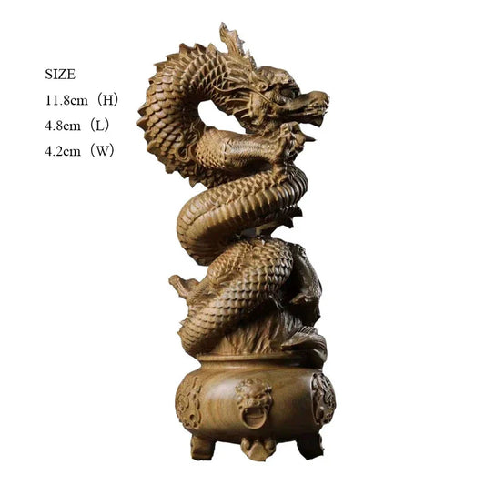 Green Sandalwood Carved Dragon Cauldron Ornament – Chinese Dragon Desk Decor & Opening Gift Craft