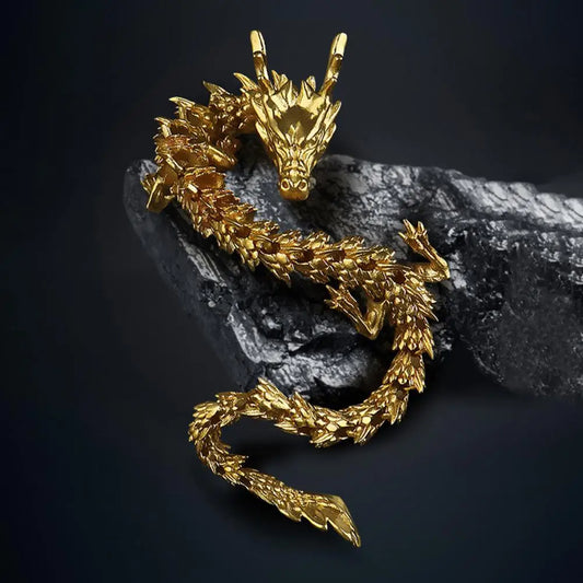 3D Printed Chinese Dragon Figurine with Movable Joints – Golden Loong Articulated Model & Desktop Ornament