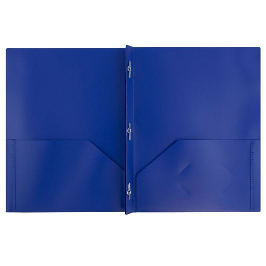 JAM Paper Plastic 2 Pocket School POP Folders with Metal Prongs Fastener Clasps, Dark Blue, 3/Pack
