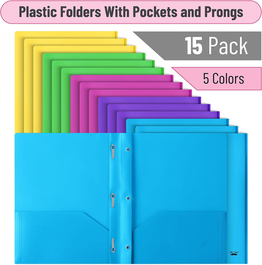 Mr. Pen- Plastic Folders with Pockets and Prongs, 15 Pack, Vibrant Colors, Pocket Folders, Folders with Prongs