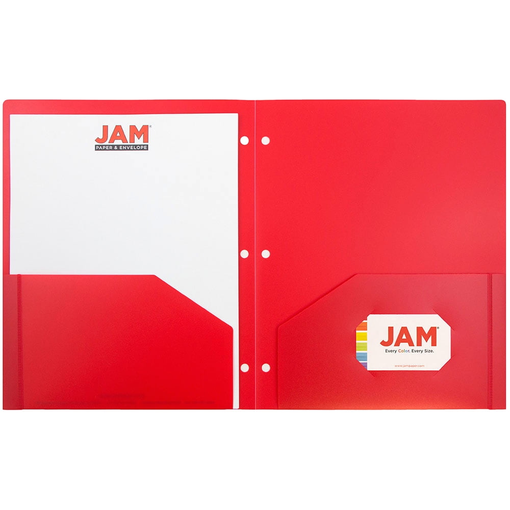 JAM Paper Heavy Duty Plastic 3 Hole Punch School Folders with Pockets, Red, 6/Pack