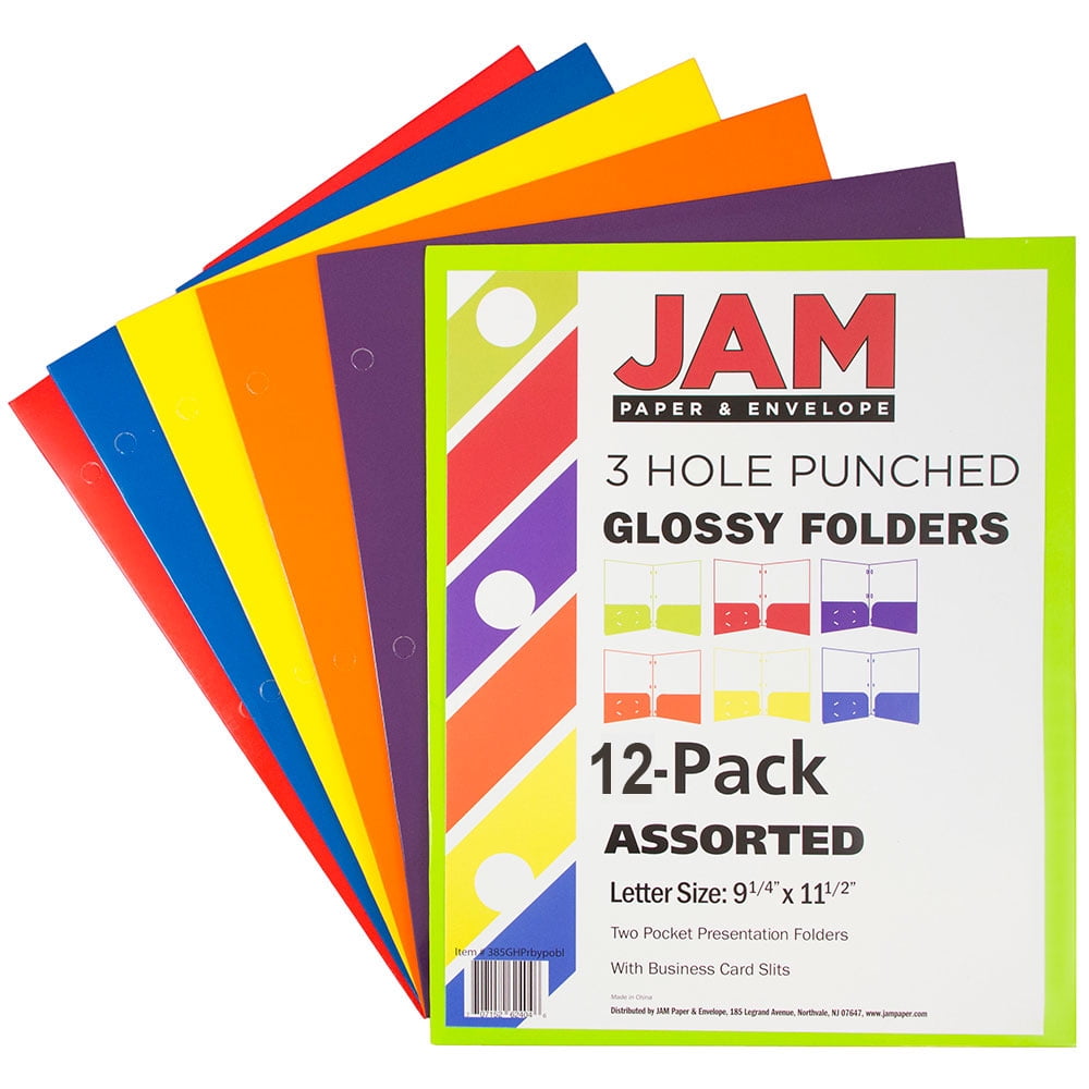 JAM Paper Glossy 3 Hole Punch Folders, Assorted, 12/Pack