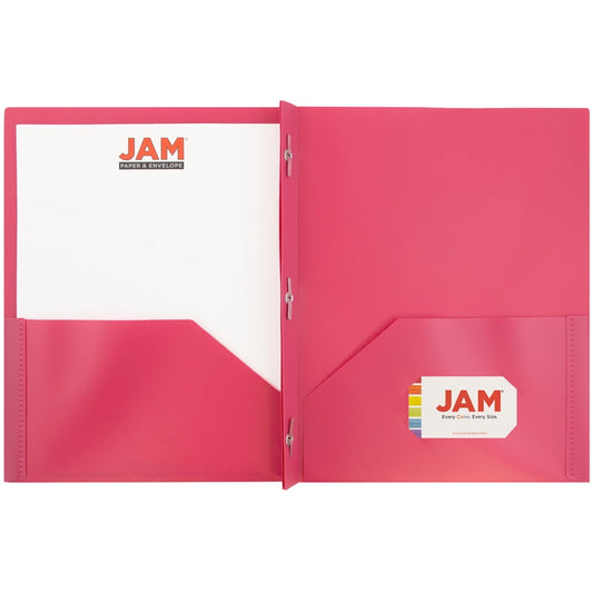 JAM Paper Plastic Pocket POP Folders with Metal Fastener Clasps, Fuchsia Hot Pink, 6 per Pack