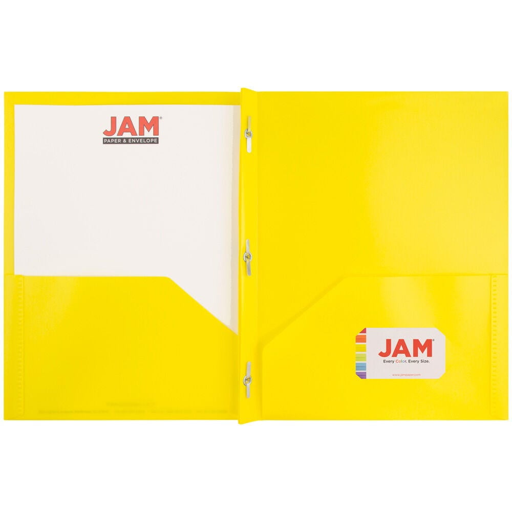 JAM Paper Plastic 2 Pocket POP Folders with Prongs Fastener Clasps, Yellow, Bulk 48/Pack