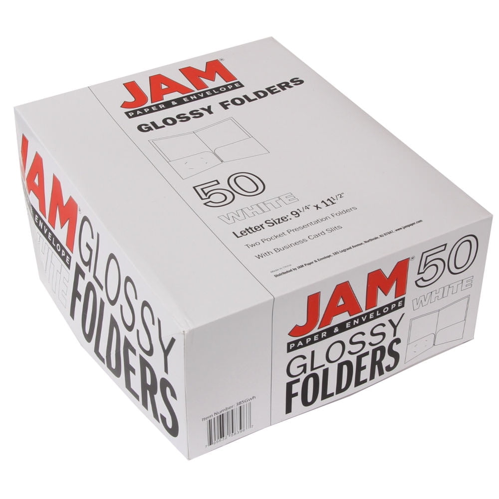 JAM Paper Laminated Two Pocket Glossy Folders, White, Bulk 50/Box